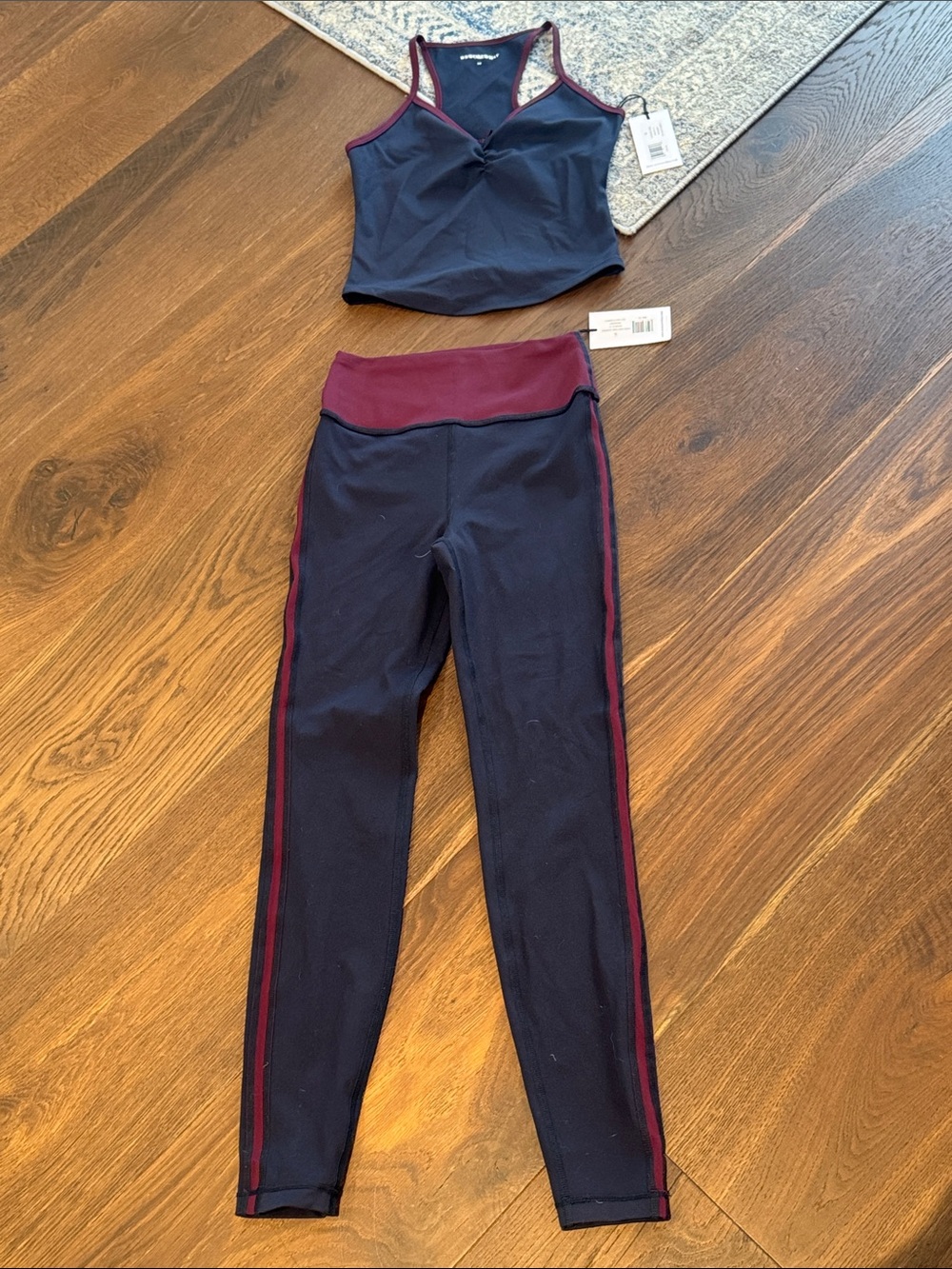 WeWoreWhat Navy Leggings and Burgundy Piping + Ruched Cami